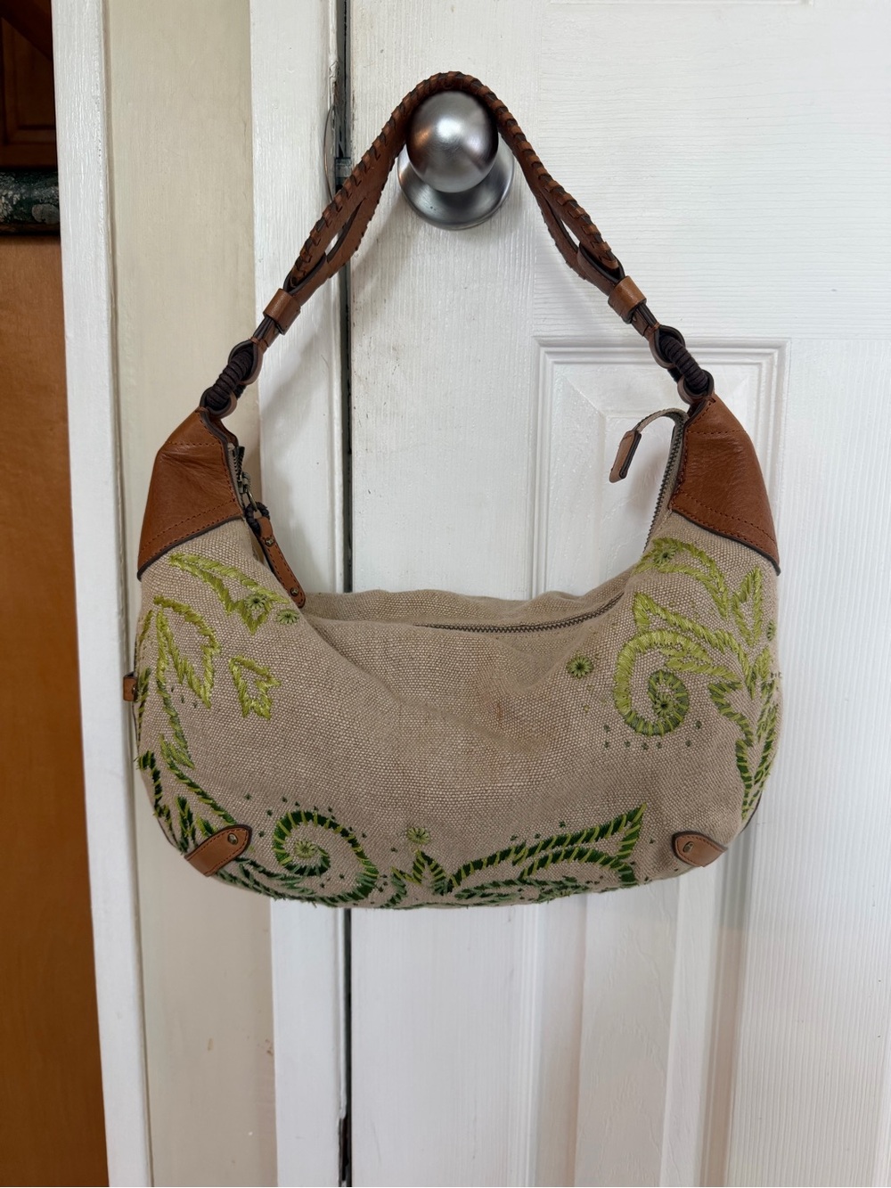 Vintage Cole Haan Bag with Green Embroidery and Leather Trim
